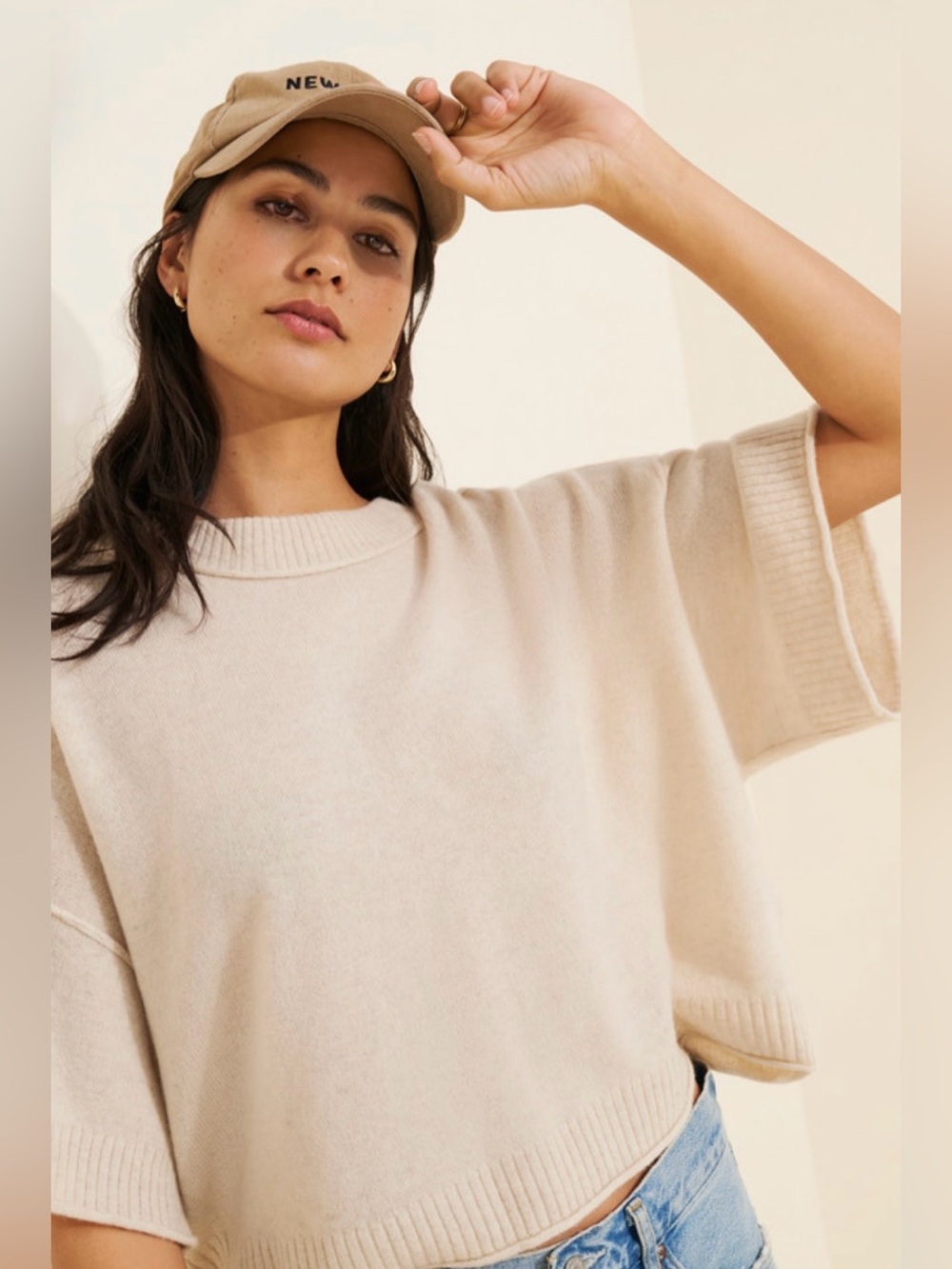 Anthropologie The Goldie Crew-Neck Cashmere Sweater Short Sleeve Ivory Small - Picture 2 of 12